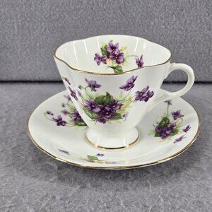 Vintage Clarence Bone China, Teacup & Saucer w/Gold Edging, Purple Violets